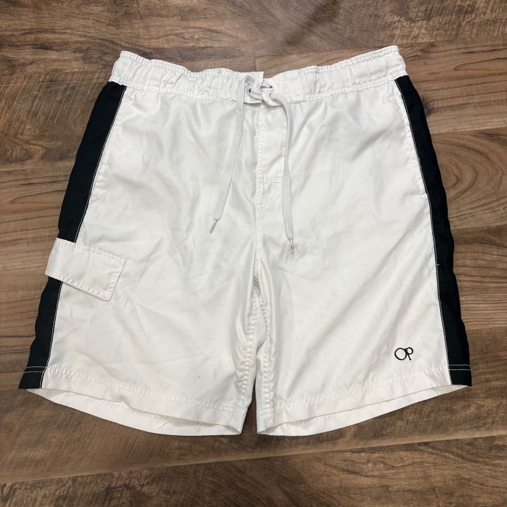 Vintage Y2K OP Swim Shorts Mens M White Colorblock Board Trunks Ocean Pacific - Picture 1 of 7